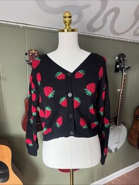 Black Strawberry Button-Up Cardigan Sweater